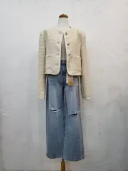 春新商品 アイボリー ツイード ノーカラー ジャケットF