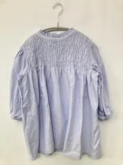 シャツ/ブラウス M スカイブルー コットン 無地 ミドル丈 半端袖 スタンドカラー