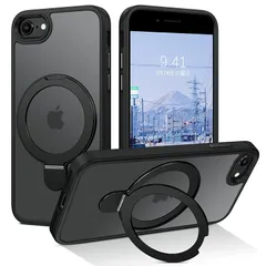 DUEDUE iPhone SE ケース 第2世代 第3世代 MagSafe対応 iPhone8/7 ケース マグネット搭載 リングスタンド機能 120°開閉可能 ブラック 半透明デザイン 指紋防止 耐衝撃 一体型 薄型 TPUケース 車載ホルダー対応 全 0