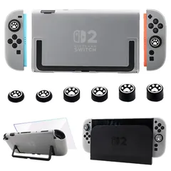 RALAN Nintendo Switch 2 カバー ニンテンドースイッチ 2 カバー ドック対応 ＋Switch 2ガラスフィルム１枚＋6親指キャップ TPU製ソフトケース ジョイコンカバー クリア ケース 可愛い透明パープルデザイン 超薄 分体式 全 1