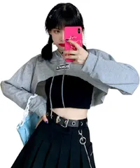 [Dep Club] クロップド丈 トップス へそ出し 服 レディース 韓国 韓国服 kpop crop パーカー タンクトップ ミニtシャツ インナー ダンス セクシー ショート丈 夏服 春 夏 秋 (L, グレー) [グレー] [L]