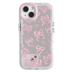 【新品】 NITITOP iPhone 14対応 ケース 女性・女の子向け かわいい ミラー リボン＆ハート ラブ柄 ショックプルーフ シルバー 保護カバー - ピンク 0