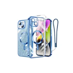 【新品】 iPhone 14 用 ケース クリア MagSafe対応 マグネット搭載 2枚 HDフィルム付き キラキラ グリッターカード ストラップ付き アイフォン 14 カバー マグセーフ対応 薄型 軽量 レンズ保護 全面保護 耐衝撃（ブルー） 1