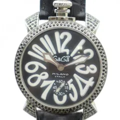 ガガミラノ GaGa MILANO CARICA MANUALE マニュアーレ マヌアーレ 46 腕時計 ウォッチ 手巻き 黒文字盤 スモセコ レザーベルト シルバー色 ■GY18 /MQ