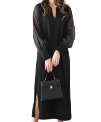 [Dep Club] パーティードレス ワンピース レディース 結婚式 長袖 ロング 体型カバー フォーマル ドレス 入学式 卒業式 二次会 上品 黒 ベージュ シフォン セットアップ お呼ばれ (M, ブラック) [ブラック] [M]