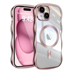 【新品】 UEEBAI 対応 iPhone 13/14 用の ケース 半透明 TPU 電気メッキ 加工 ウェーブデザイン スマホケース MagSafe対応 クリア 可愛い 人気 おしゃれ ケース 薄型 軽量 耐衝撃 電鍍 波型 バンパー スマホケース -  0