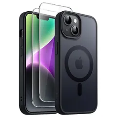 【新品】 JETech 3 in 1 iPhone 14 6.1 インチ用 マグネット ケース 2枚強化ガラスフィルム付き MagSafe対応 半透明マットバック 耐衝撃スマホカバー (ブラック) 0