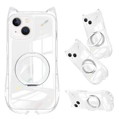 【新品】 iPhone 13/14 ケース クリア リング付き 隠しスタンド 猫耳 ネコミミ アイフォン13 ケース MagSafe対応 360度回転スタンド リング付き アイフォン14 スマホケース TPU 縦横両対応 iphone 14カバー 多機能  1