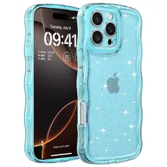 【新品】 ZTOFERA for iPhone 14 Pro ケース,女性女の子男性用クリアグリッターカーリーウェーブフレーム,iPhone 14 Pro用かわいいスマホケース,ブルー 1