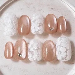 【商品No.2】【サイズオーダー】ネイルチップ ベージュ レース 上品 ブライダル 大人可愛い マグネット