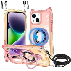 【新品】 iPhone 14/13 用 ケース クリア MagSafe対応 リング付き TPUバンパー ネック ショルダー あいほん14/13 カラー猫耳携帯カバー 肩掛け 首掛け 斜めがけ 紐付き 韓国 かわいいファッション 耐衝撃 車載対応 アイフォン14
