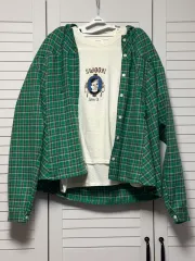 #新品 : チェック WHO フード シャツ シャツ 緑 グリーン