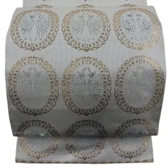 袋帯 名品 関西仕立て 向かい鳥 幾何学模様 銀糸 箔 クリーム 六通 正絹 【中古】