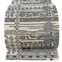 【美品】 袋帯 秀品 花柄 幾何学模様 箔 銀糸 クリーム 六通 正絹 【中古】