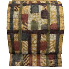 【美品】 袋帯 秀品 格子 幾何学 焦茶色 六通 正絹 【中古】