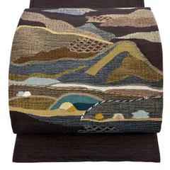 袋帯 秀品 山並み 波 刺繍 焦茶色 お太鼓柄 正絹 【中古】