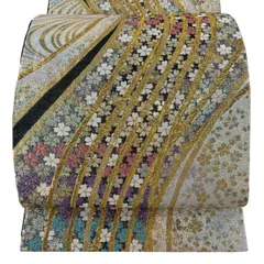 【美品】 袋帯 秀品 振袖向き 桜 流水 ラメ箔 金糸 灰白 六通 正絹 【中古】