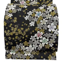 【美品】 袋帯 秀品 桜 箔散らし 金銀糸 黒 六通 正絹 【中古】