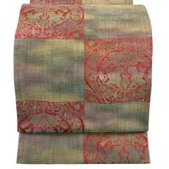 【美品】 袋帯 秀品 向かい鳥 変わり市松 ぼかし 茶緑色 全通 正絹 【中古】