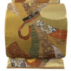 【美品】 袋帯 秀品 束ね熨斗 草花 金糸 切り嵌め 金色 全通 正絹 【中古】