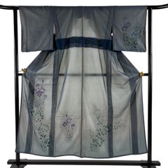 E夏物 美品 蔦の葉模様 縦縞 藍色 絽 紗 薄物 正絹 訪問着 着物 K259