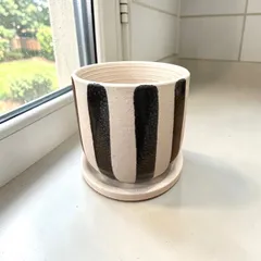 植木鉢 花器 陶器 ベージュ 黒 ストライプ 底穴あり 受け皿付き 外寸15cm 高さ14cm 塊根植物 多肉植物 観葉植物