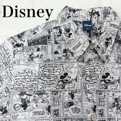 Disney ミッキー 総柄 半袖シャツ Lサイズ モノトーン コミック柄 綿麻 コットンリネン レトロ 古着 メンズ レディース