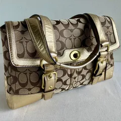 y2k Coach Signature Hampton Flap Shoulder Bag Brown Gold Satchel Carryall Vintage