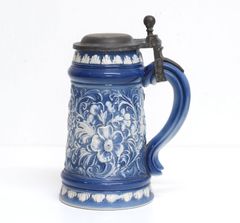 ヴィンテージ 花文陶器製ビアマグ 錫製蓋付きビアマグ ビアジョッキ