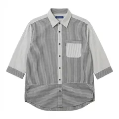 [C-10] ストライプ柄 七分袖シャツ パッチワークデザイン