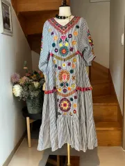 ストライプ 刺繍 ロング ONE PIECE