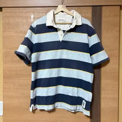 [6]  Eddie Bauer ポロシャツ 半袖 ボーダー メンズL相当 グレー ネイビー イエロー カジュアル ラガーシャツ風 古着 人気 春夏