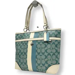 美品 コーチ COACH ヘリテージ ストライプ F14477 トートバッグ ショルダーバッグ 肩掛け PVC レザー シグネチャー 水色 ライトブルー 白 ホワイト A4収納可 レディース チャーム付 爽やか 通勤 通学 鞄 カバン s22