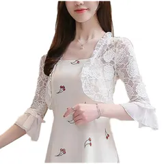 [ロカロカ] レディース ボレロ 五分袖 レース フリル 薄手 白 白色 披露宴 花柄レース 清楚 シフォン 羽織物 (Lサイズ, ホワイト)