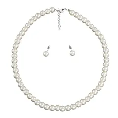 [AREUM] ホワイト パール ネックレス＆ピアス セット 8mm 42cm~48cm アジャスターチェーン 冠婚葬祭 フォーマル レディース ジュエリー セット