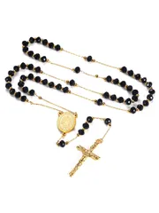 [FaithHeart] ロザリオ ネックレス レディース メンズ 聖母マリア クロス 十字架 y字 ロングネックレス キリスト ステンレス製 ブラッククリスタル（チェーンのカラー：ゴールド）
