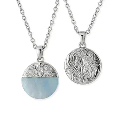 ハワイアンジュエリー ネックレス コイン型 ブルーシェル リバーシブル ステンレス スクロール シルバー シェル 貝 ペンダント あずきチェーン付き 50cm