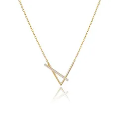[fivihoc] ネックレス レディース 華奢 k18 コーティング シルバーS925 Vライン ダイヤモンド CZ ペンダント 金属アレルギー対応 アズキチェーン アジャスター付き シンプル おしゃれ 本物ジュエリー (ゴールド)