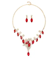 [J's select] ベリーダンス 社交ダンス レディース リーフ パーティー ネックレス ピアス ゴールド 赤 (レッド)