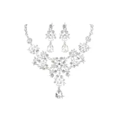 [Coollooda] ネックレス ピアス セット 2点セット ラインストーン クリスタル レディース 結婚式 パーティー 発表会 花嫁 母の日 プレゼント アクセサリー シルバー