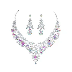 [Vegaplace] ベリーダンス ネックレス ピアス レディース 涙型ストーン シルバー色 社交ダンス パーティー イベント 二次会 (オーロラ/シンメトリ)