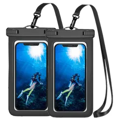 スマホ 防水ケース スマホケース クリア 完全防水 iPhone 海 プール IPX8認定 首かけお風呂 水中撮影 アイフォン ケース 携帯カバー 釣り 雨 潜水 水泳 スキー 温泉適用 7.0インチまで対応android (ブラック, 2個セット)