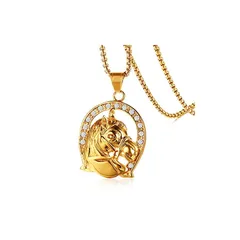 【新品】 [Rockyu] ブランド ファッションアクセサリー ネックレス メンズ ペンダント ステンレス 馬頭 ダイヤ アンティーク風 (金馬)