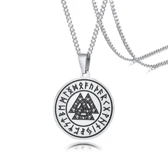 【新品】 [Rockyu] ヴァルクヌート ネックレス メンズ ステンレス 60cm ロングチェーン 北欧神話 ルーン文字 ペンダント バイキングモチーフ お守り アクセサリー クリスマス プレゼント