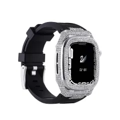 新品 ステンレススチール ストロングアーマー ウォッチケース + キラキラダイヤモンド + シリコンバンド Apple Watch 44mm 45mm用 (ブラック+シルバー)