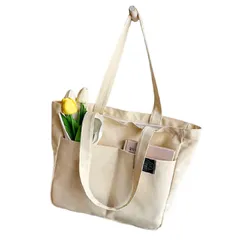 大きめ 男女兼用 旅行用 通学 おしゃれ 通勤 買い物 無地 メンズ レディース ショルダーバッグ 帆布 肩掛け 丈夫 ポケット多い 大容量 a4 ファスナー付き トートバック キャンバス [SensaBliss]