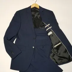 【美品】ORIHICA オリヒカ ストライプ スーツ セットアップ Y6 175cm ネイビー 紺色 ブルー 背抜き シングル 2B 2ボタン ウール ポリエステル