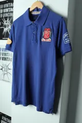 (L-XL) Tommy Hilfiger トミーヒルフィガー 半袖 KARA（カラ） Tシャツ 刺繍 ブルー オールドスクール -17A74