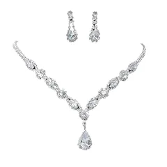 【新品】 [KQHOMEI] ラインストーン ネックレス ピアス(2点セット) 結婚式 ネック 花嫁 ウエディング ドレス コンテスト キラキラ クリスタル 母の日 誕生日 レディース ブライダルクリスマス プレゼント シルバー パーティーアクセサリ (セット
