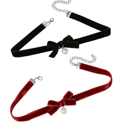 【新品】 [RUITING] チョーカー レディース 首輪 2点セット ベルベットのリボンパールネックレス 可愛い 蝶結びチョーカー パールペンダント クリスマス/誕生日/コスプレ サブカル 見事な外観のための必需品 個性的なスタイルにマッチ 調節可能（ブラッ